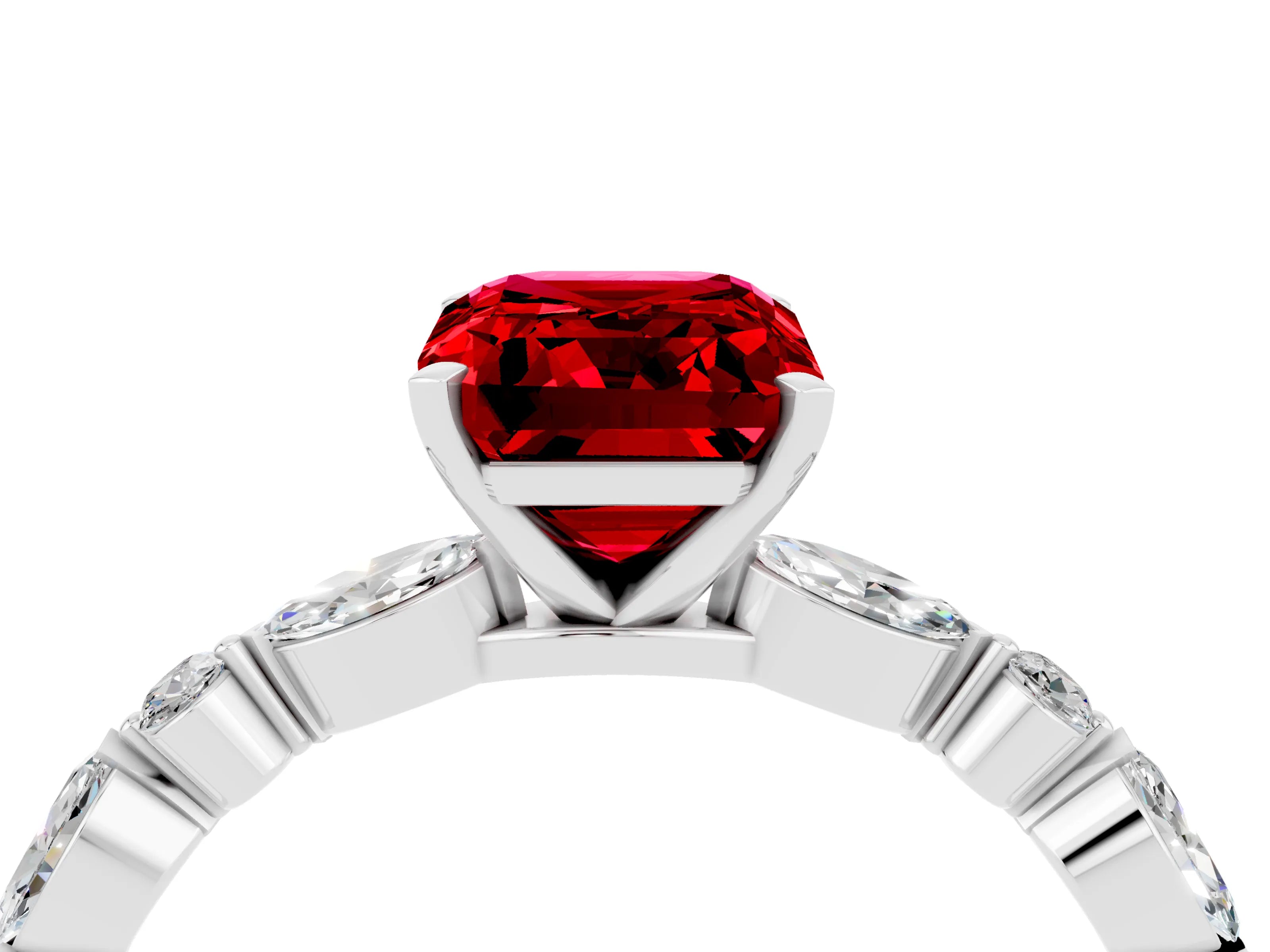 White gold Emerald Cut Ruby Solitaire with Side Stones on a Pavé Band and Four-Prong Setting_4