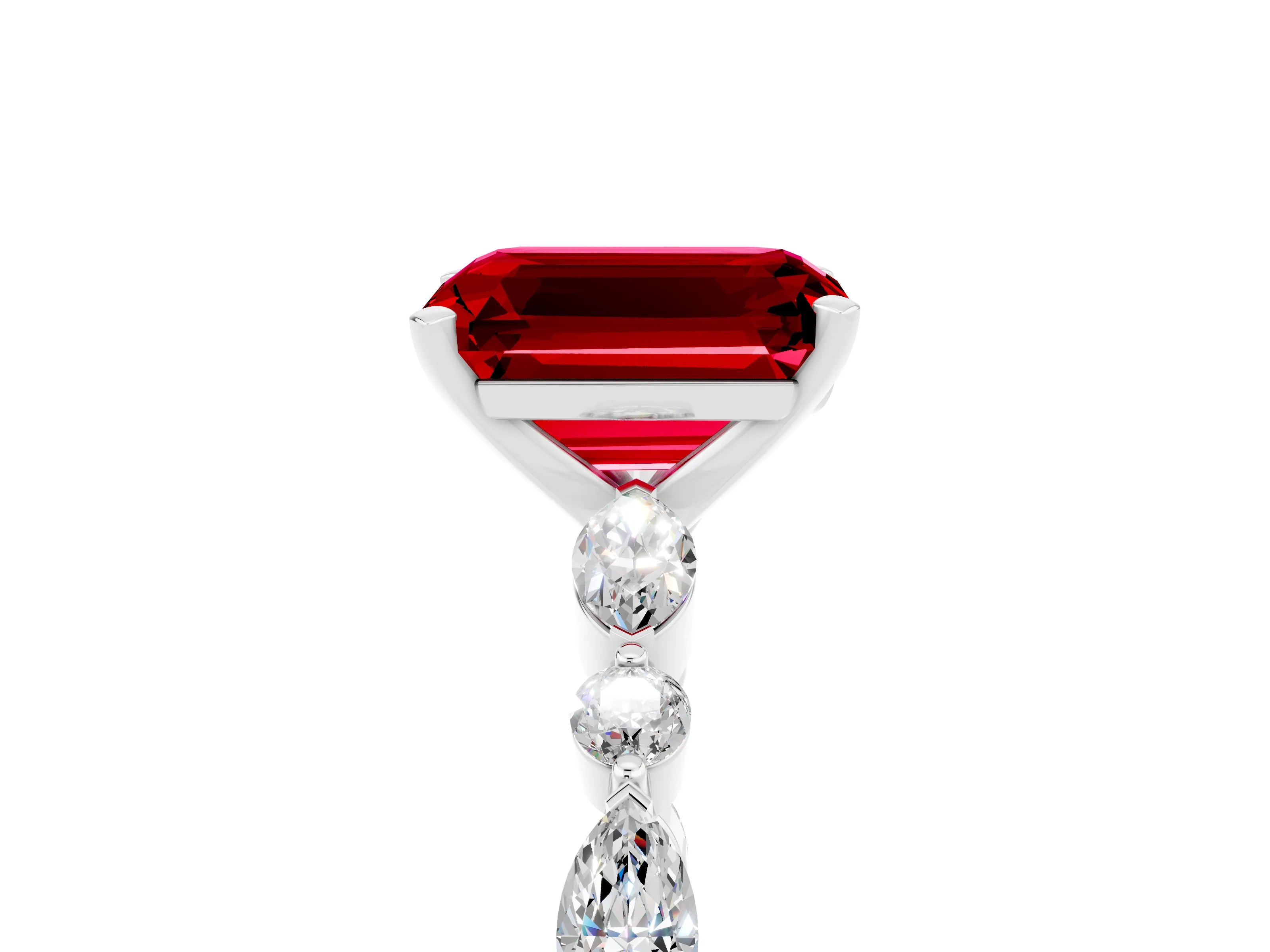 White gold Emerald Cut Ruby Solitaire with Side Stones on a Pavé Band and Four-Prong Setting_5