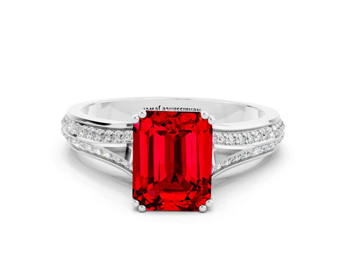 White gold Emerald Cut Ruby Split Shank Engagement Ring with Pavé Band