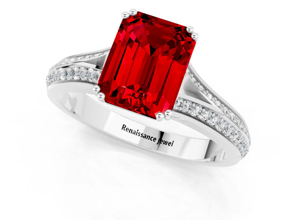 White gold Emerald Cut Ruby Split Shank Engagement Ring with Pavé Band