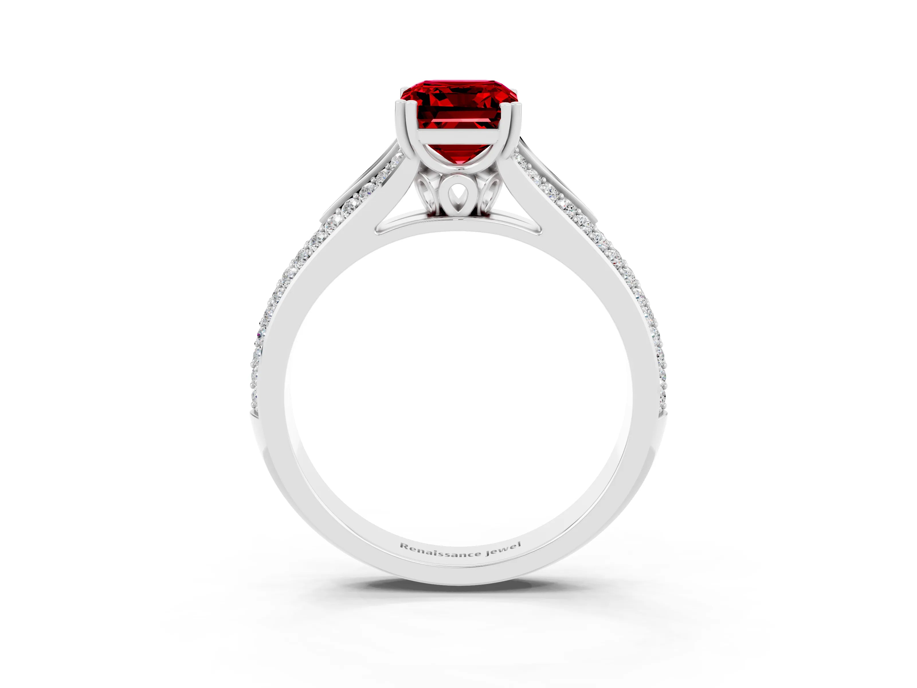 White gold Emerald Cut Ruby Split Shank Engagement Ring with Pavé Band_3