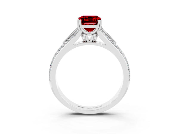 Silver Emerald Cut Ruby Split Shank Engagement Ring with Pavé Band
