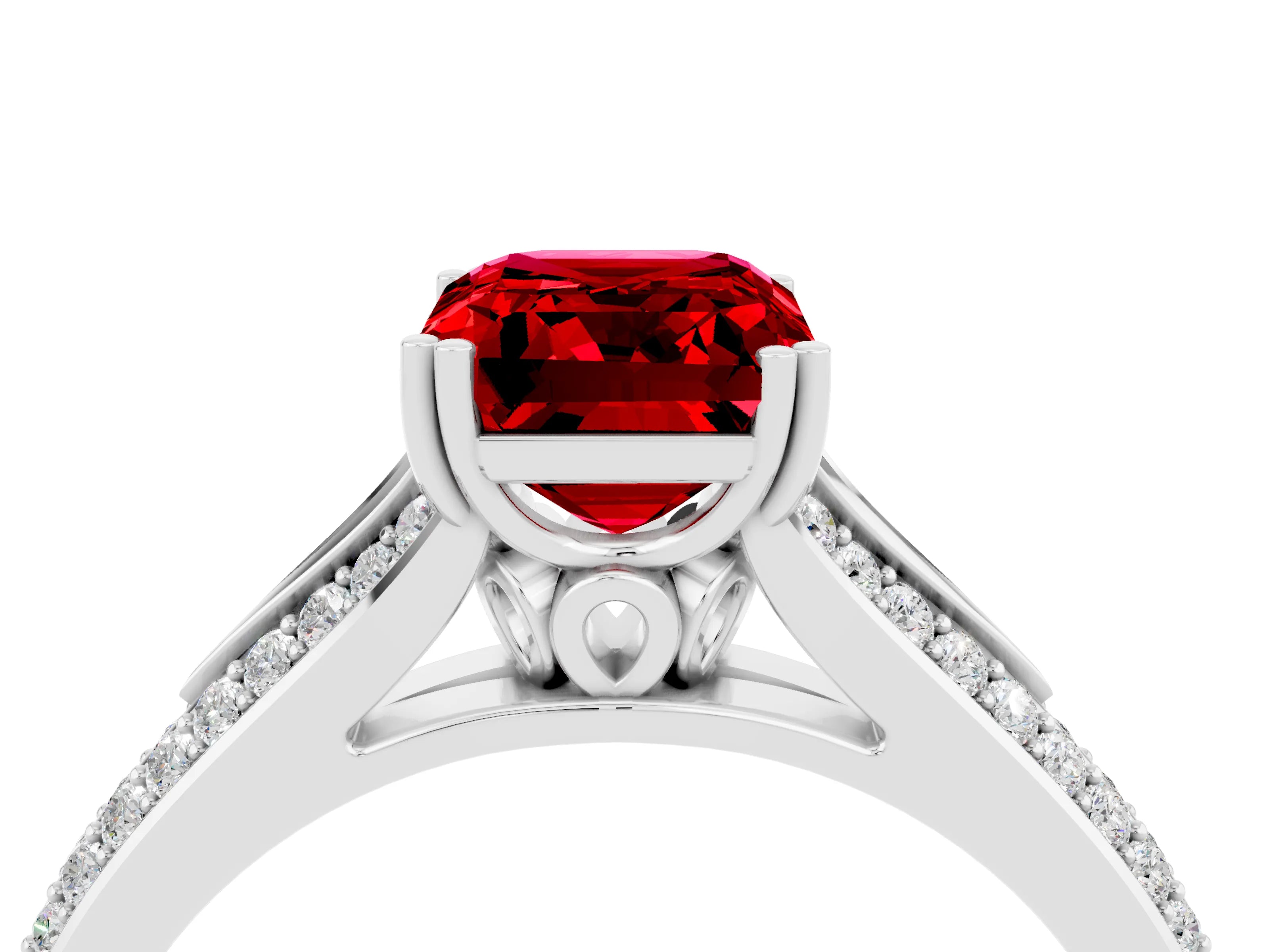 White gold Emerald Cut Ruby Split Shank Engagement Ring with Pavé Band_4