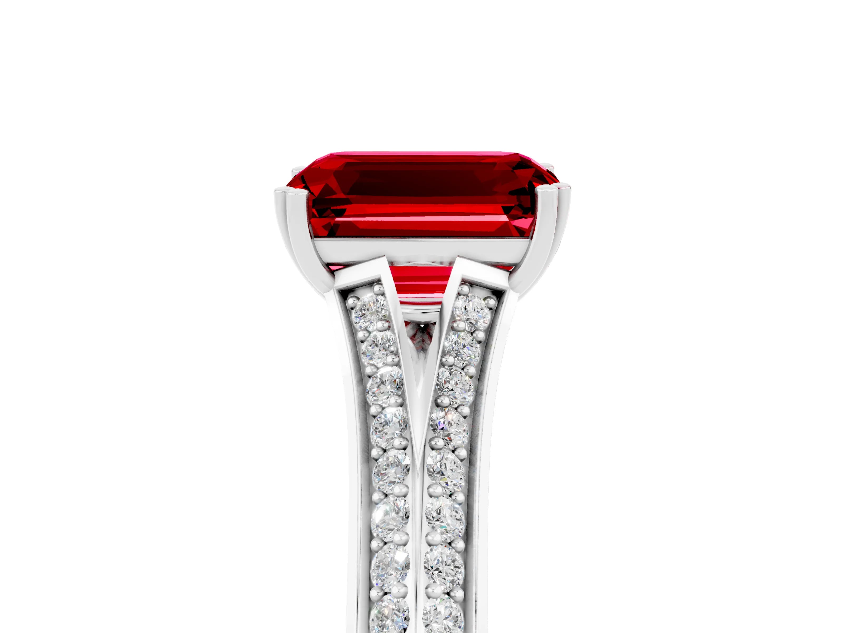 White gold Emerald Cut Ruby Split Shank Engagement Ring with Pavé Band_5