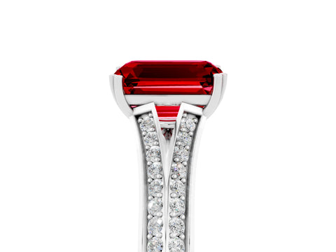 White gold Emerald Cut Ruby Split Shank Engagement Ring with Pavé Band_5