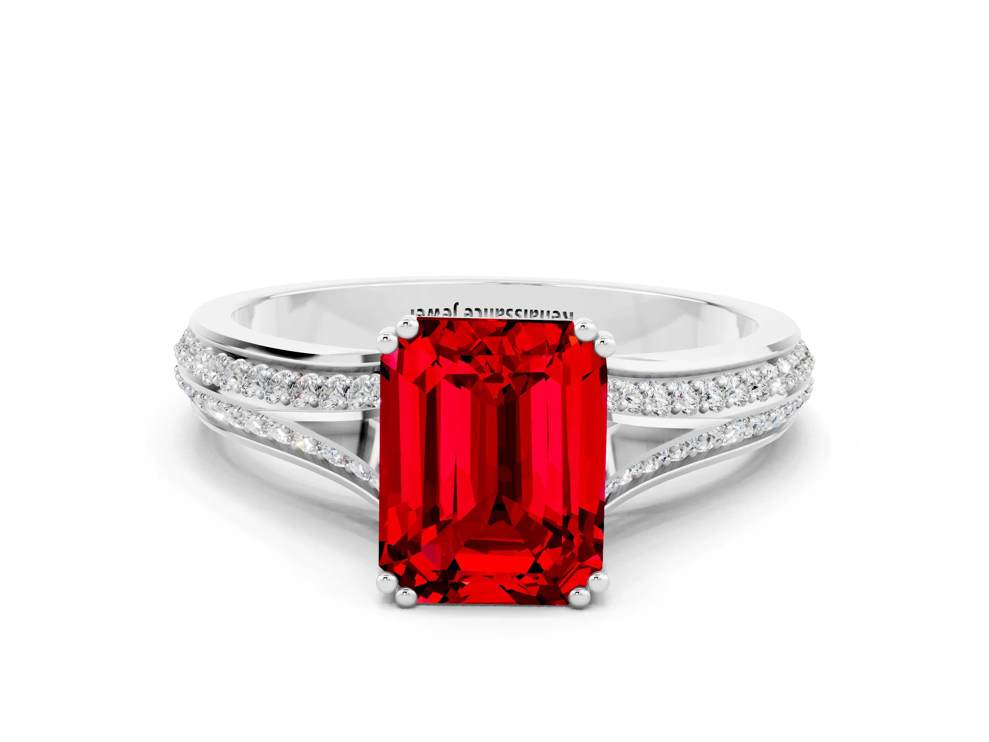 White gold Emerald Cut Ruby Split Shank Engagement Ring with Pavé Band