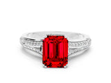 White gold Emerald Cut Ruby Split Shank Engagement Ring with Pavé Band