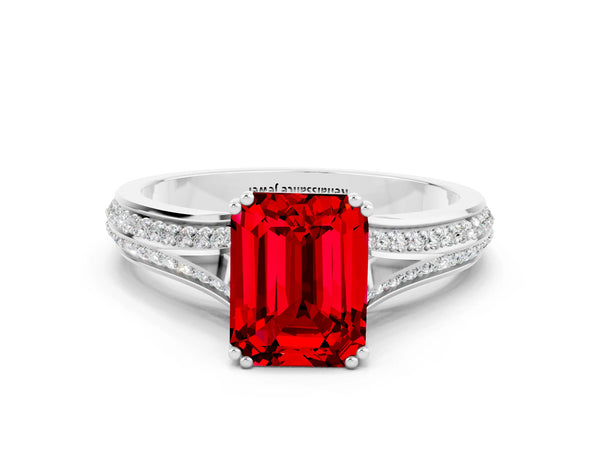 White gold Emerald Cut Ruby Split Shank Engagement Ring with Pavé Band