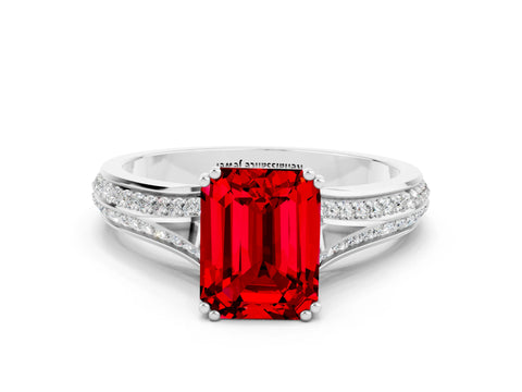 White gold Emerald Cut Ruby Split Shank Engagement Ring with Pavé Band