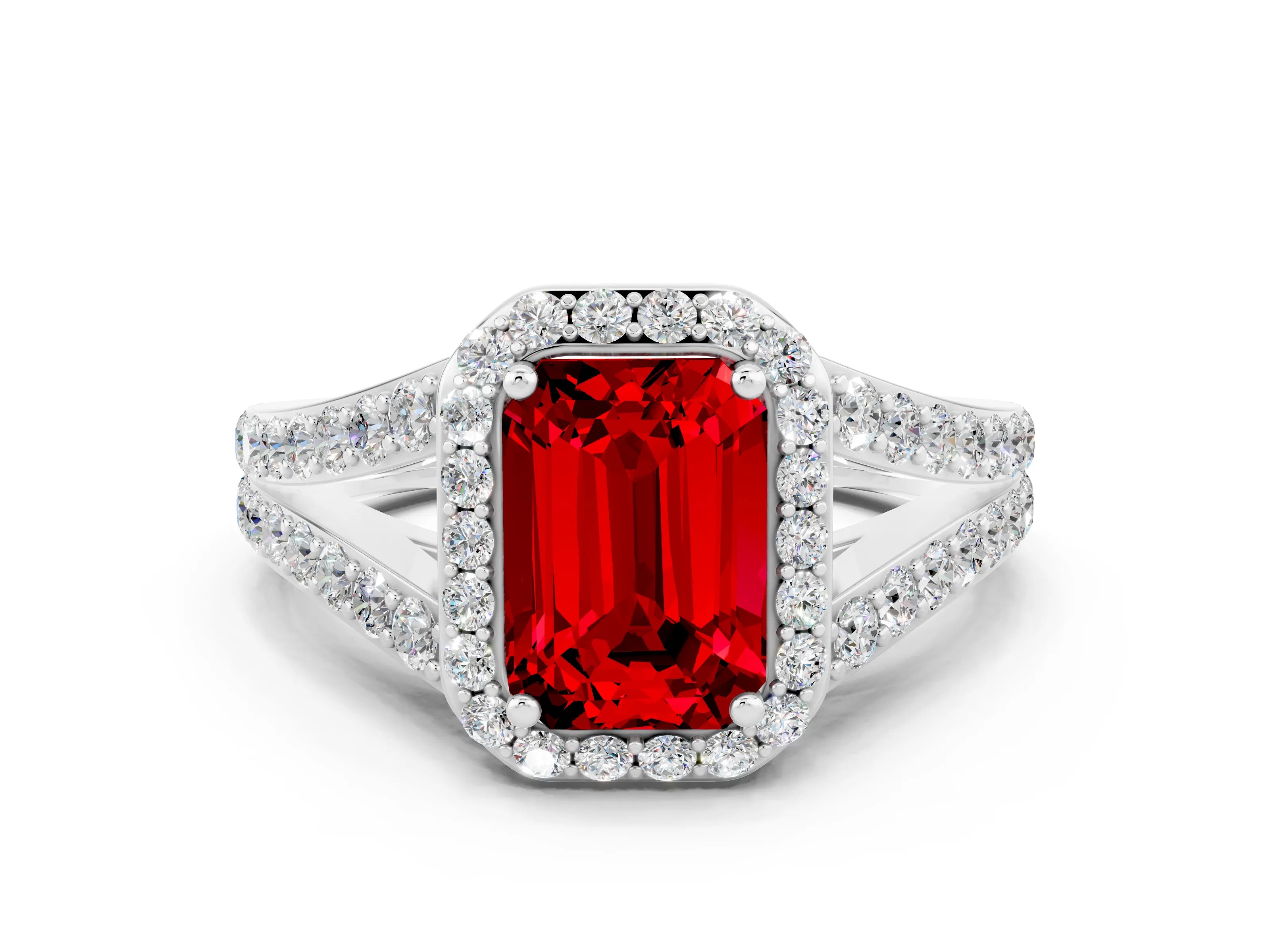 White gold Emerald Cut Ruby Split Shank Halo Ring with Four-Prong Setting_12