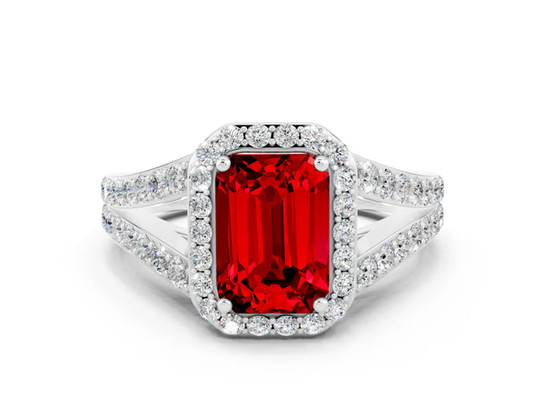 Silver Emerald Cut Ruby Split Shank Halo Ring with Four-Prong Setting