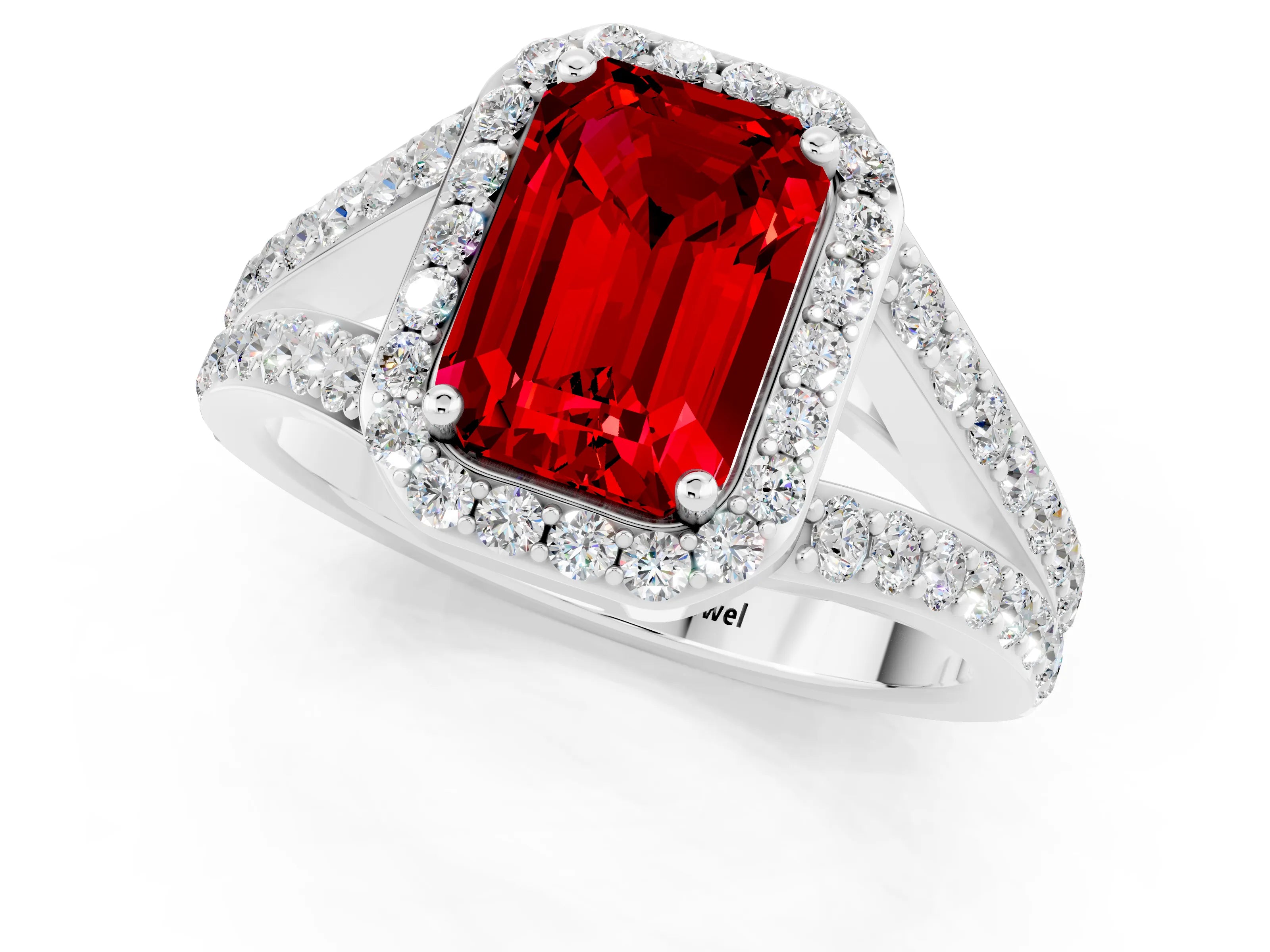 White gold Emerald Cut Ruby Split Shank Halo Ring with Four-Prong Setting_13