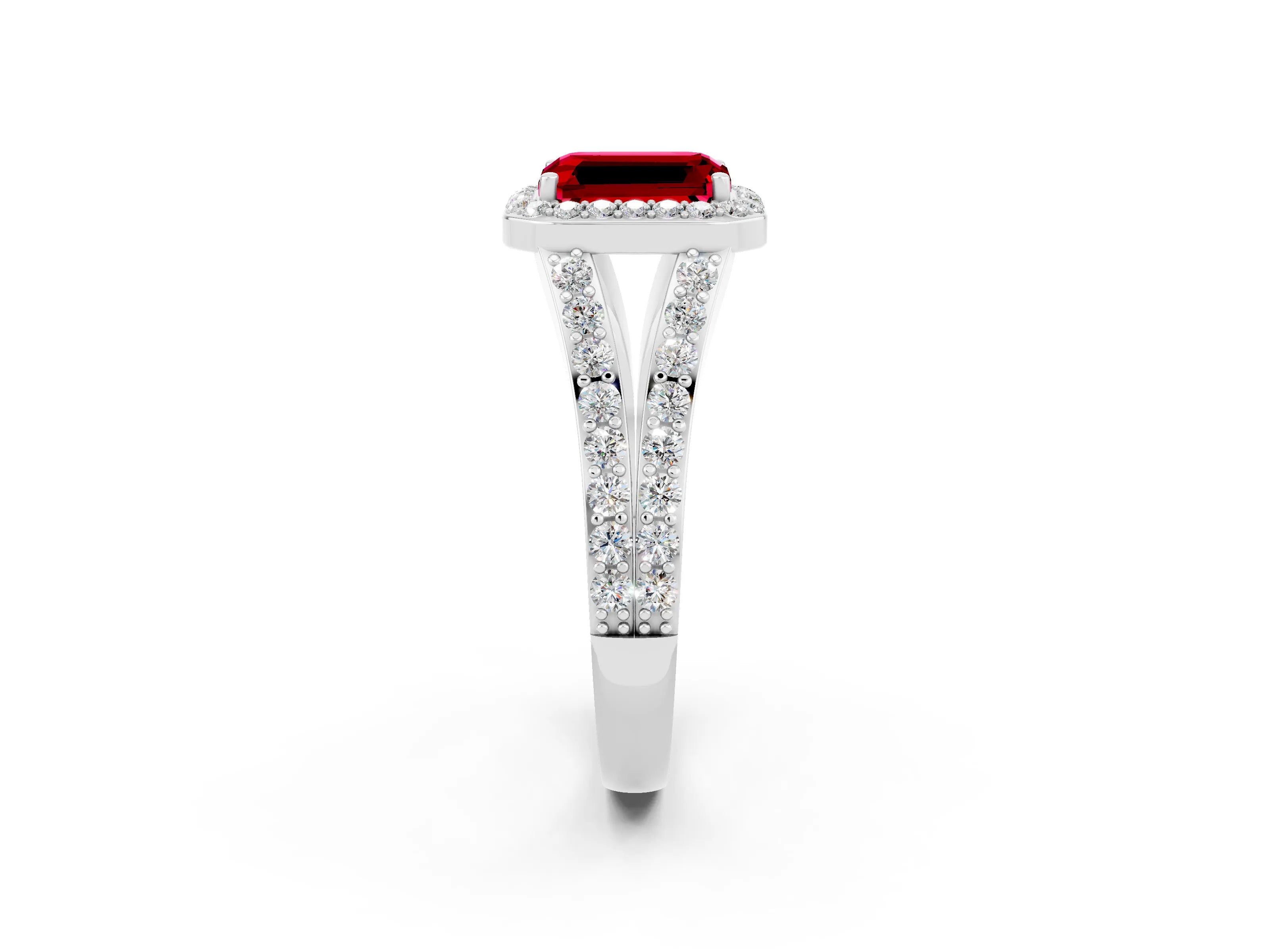 White gold Emerald Cut Ruby Split Shank Halo Ring with Four-Prong Setting_14