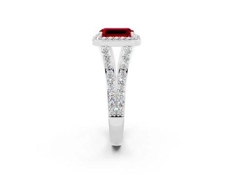White gold Emerald Cut Ruby Split Shank Halo Ring with Four-Prong Setting_14