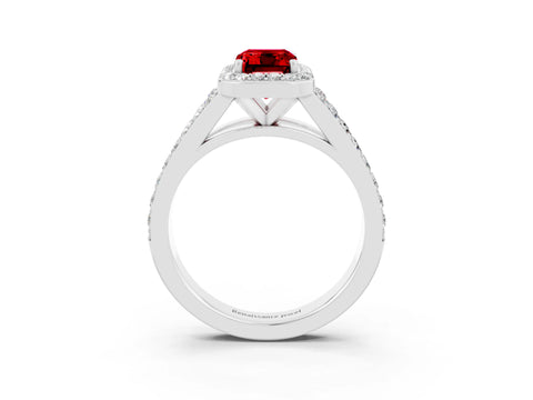 White gold Emerald Cut Ruby Split Shank Halo Ring with Four-Prong Setting_15
