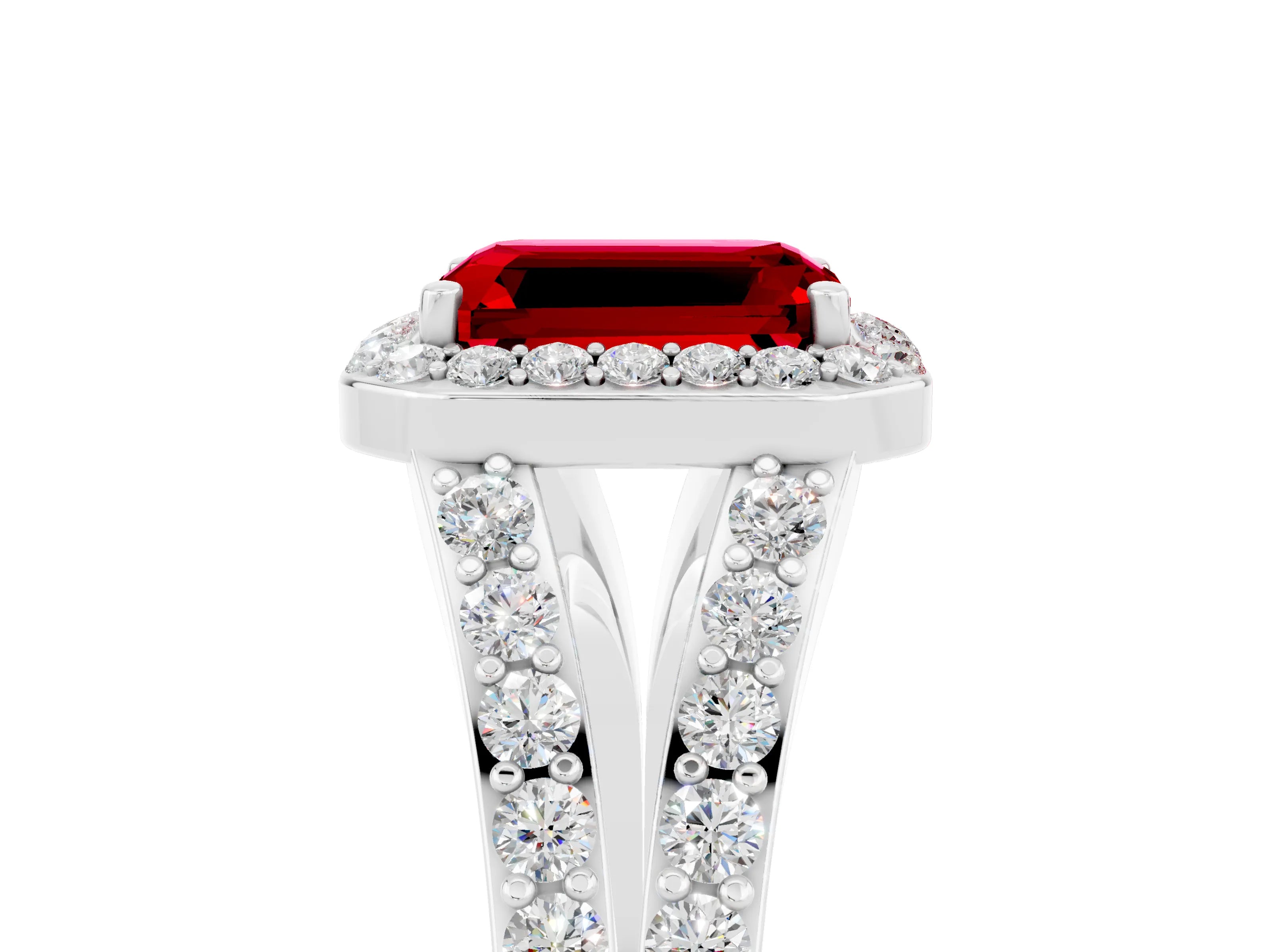 White gold Emerald Cut Ruby Split Shank Halo Ring with Four-Prong Setting_17
