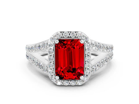 White gold Emerald Cut Ruby Split Shank Halo Ring with Four-Prong Setting_24