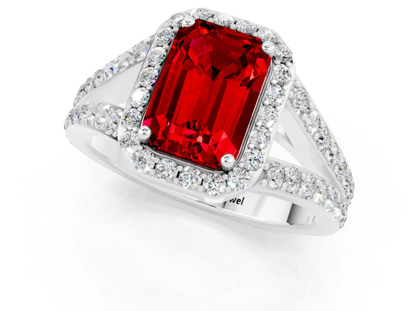 White gold Emerald Cut Ruby Split Shank Halo Ring with Four-Prong Setting