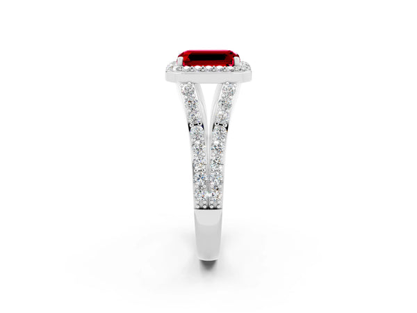 White gold Emerald Cut Ruby Split Shank Halo Ring with Four-Prong Setting