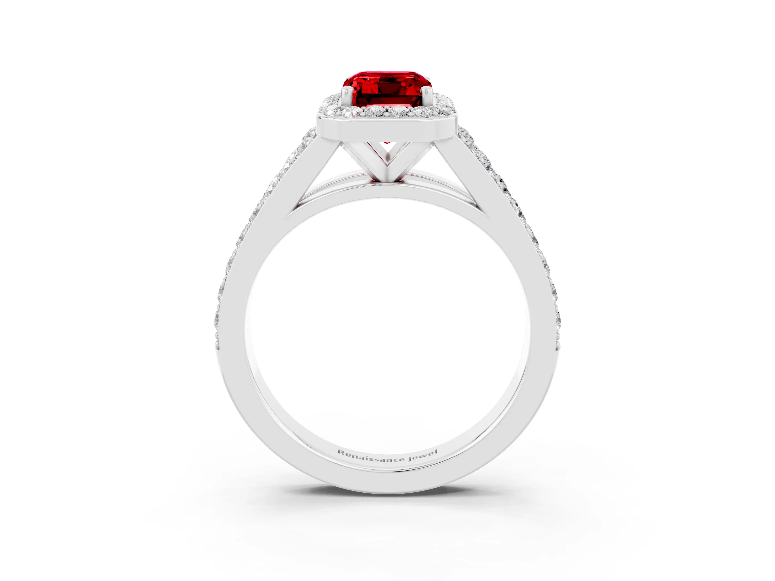 White gold Emerald Cut Ruby Split Shank Halo Ring with Four-Prong Setting_27