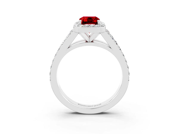 White gold Emerald Cut Ruby Split Shank Halo Ring with Four-Prong Setting