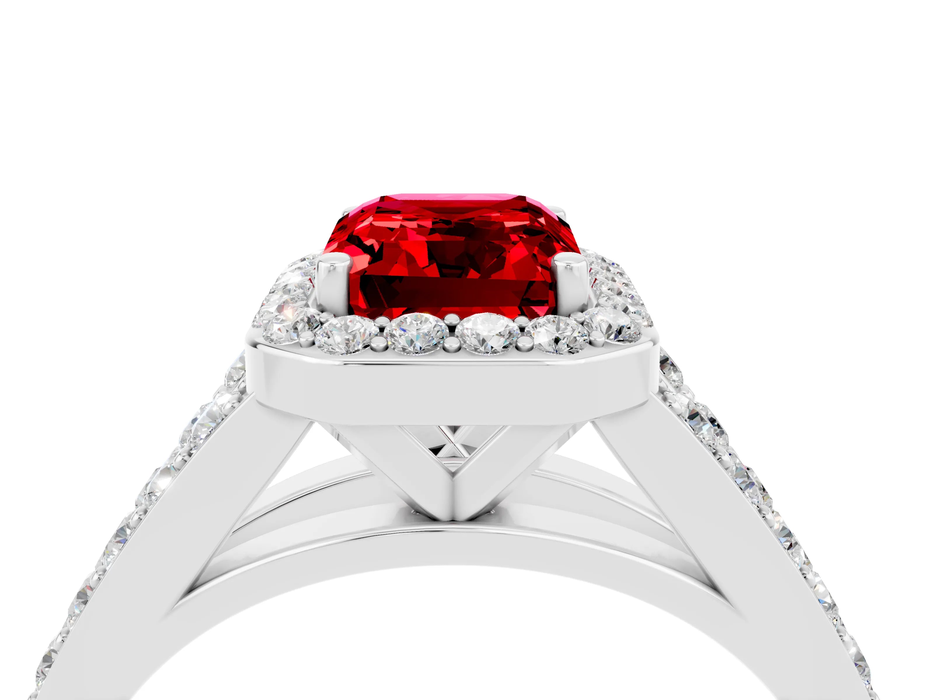 White gold Emerald Cut Ruby Split Shank Halo Ring with Four-Prong Setting_28