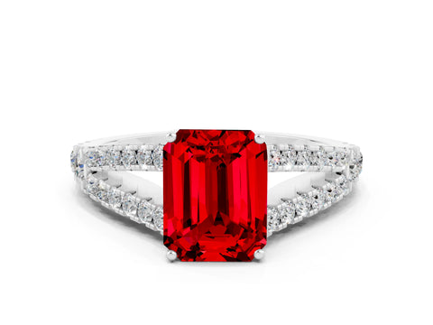 White gold Emerald Cut Ruby Split Shank Pavé Engagement Ring with Four-Prong Setting_12