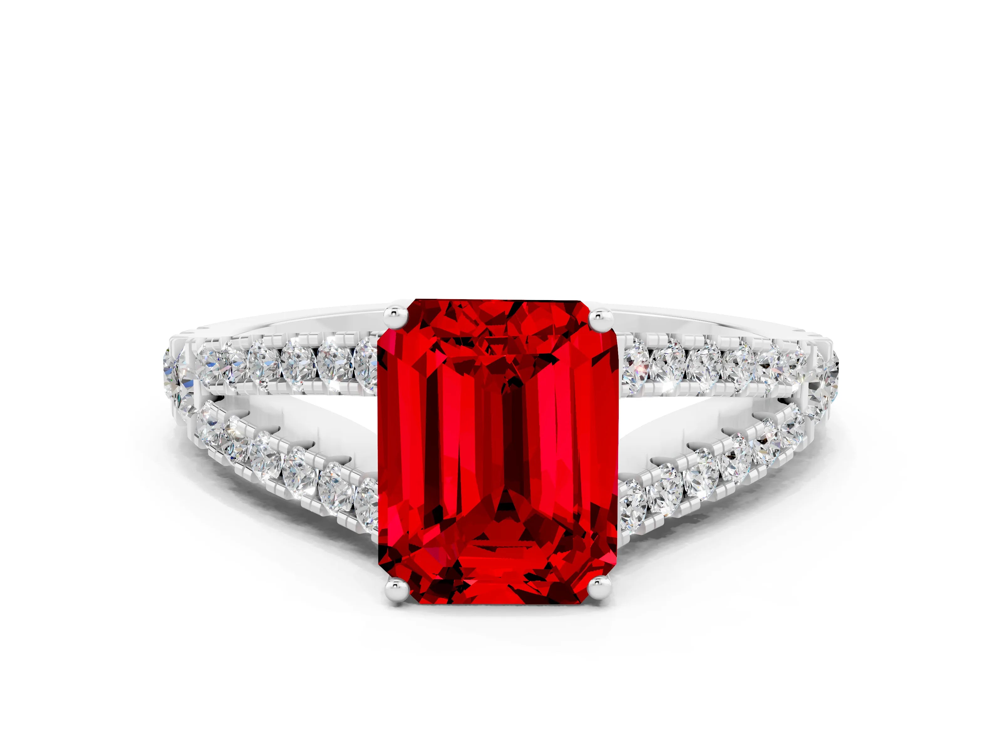 White gold Emerald Cut Ruby Split Shank Pavé Engagement Ring with Four-Prong Setting_12