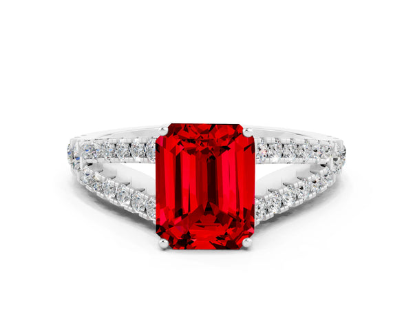 Silver Emerald Cut Ruby Split Shank Pavé Engagement Ring with Four-Prong Setting