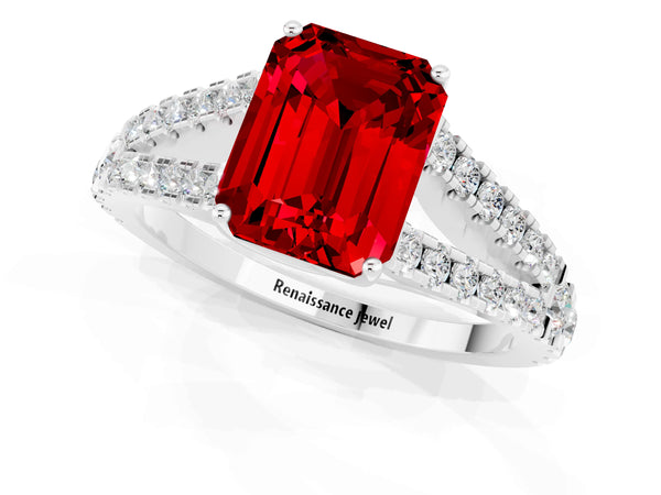 Platinum Emerald Cut Ruby Split Shank Pavé Engagement Ring with Four-Prong Setting