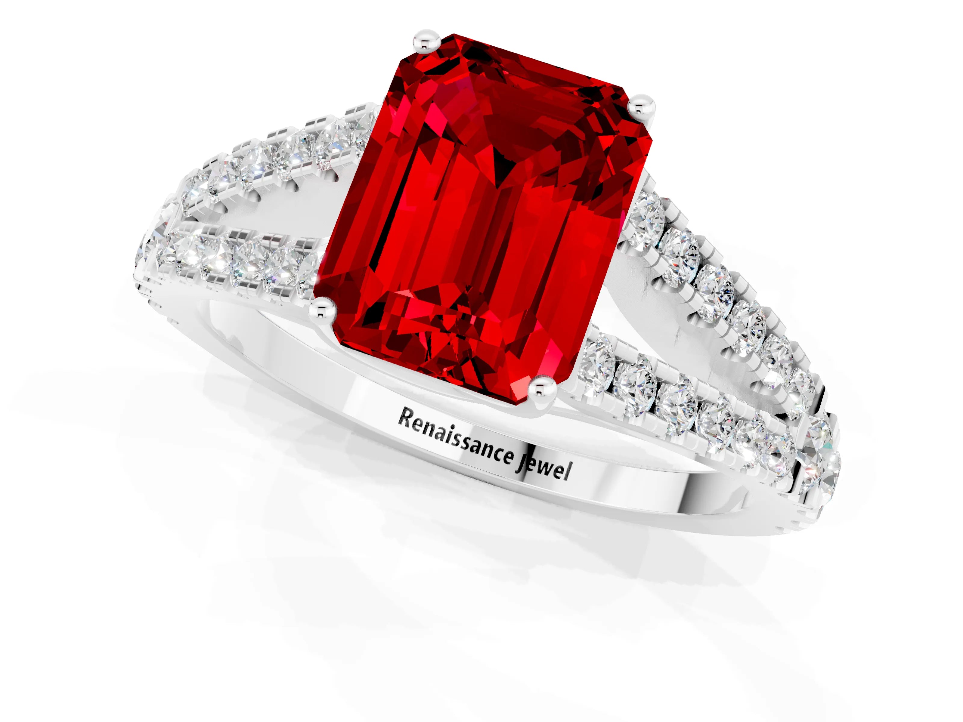 White gold Emerald Cut Ruby Split Shank Pavé Engagement Ring with Four-Prong Setting_13