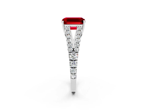 White gold Emerald Cut Ruby Split Shank Pavé Engagement Ring with Four-Prong Setting