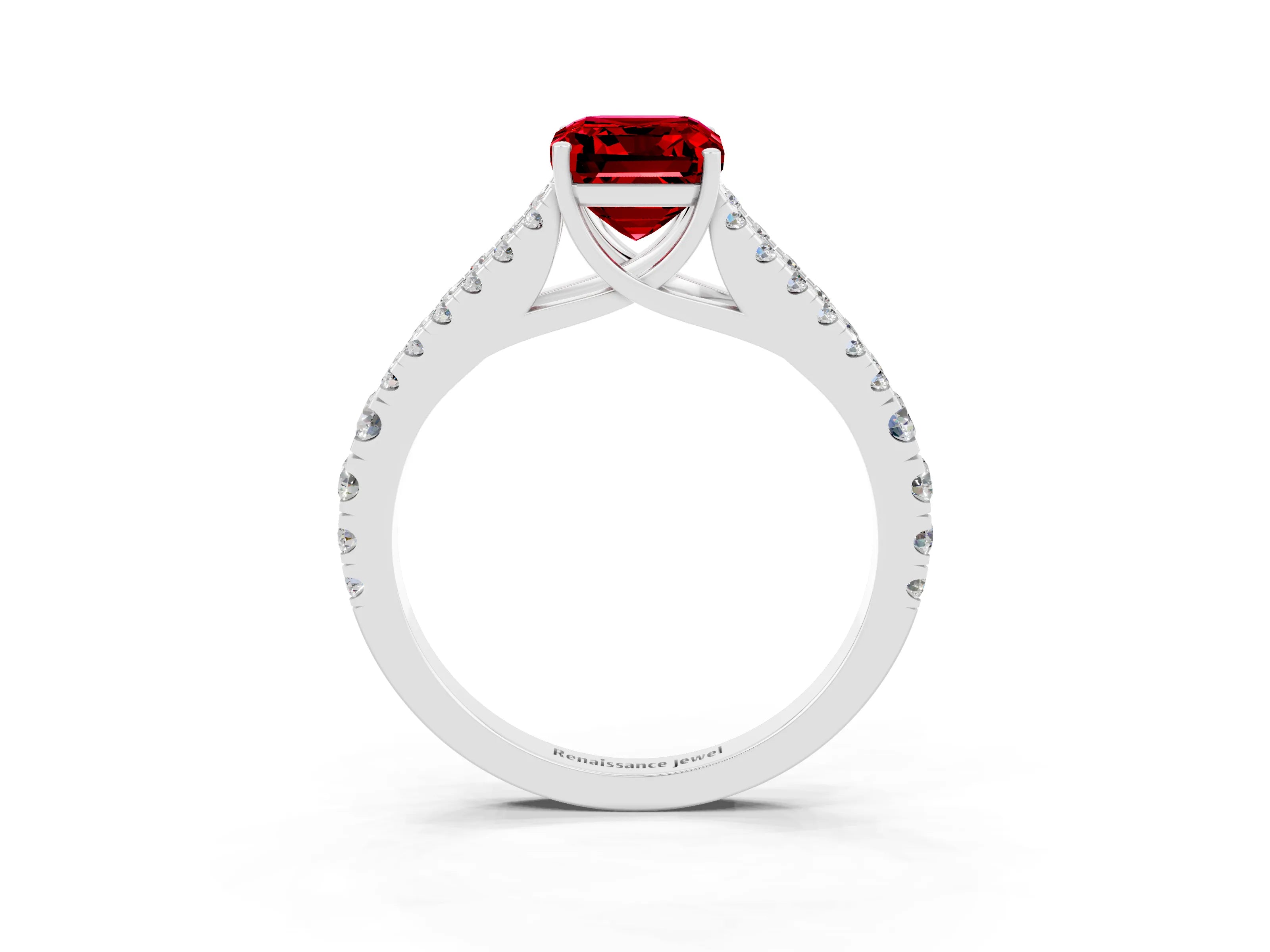 White gold Emerald Cut Ruby Split Shank Pavé Engagement Ring with Four-Prong Setting_15