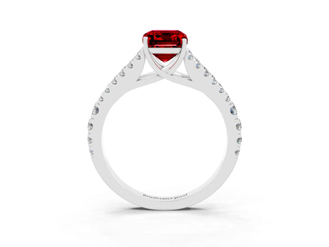 White gold Emerald Cut Ruby Split Shank Pavé Engagement Ring with Four-Prong Setting_15