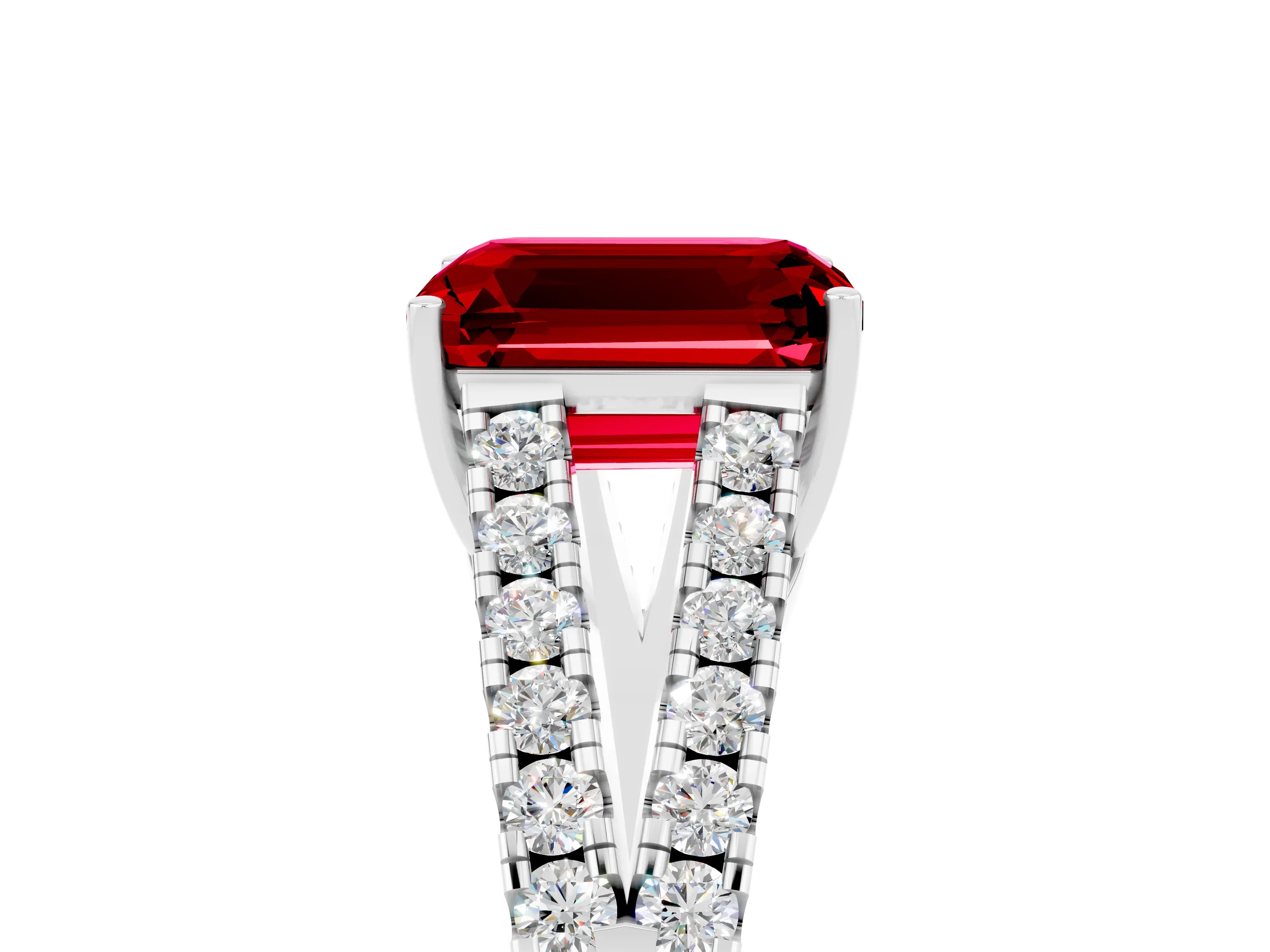 White gold Emerald Cut Ruby Split Shank Pavé Engagement Ring with Four-Prong Setting_17