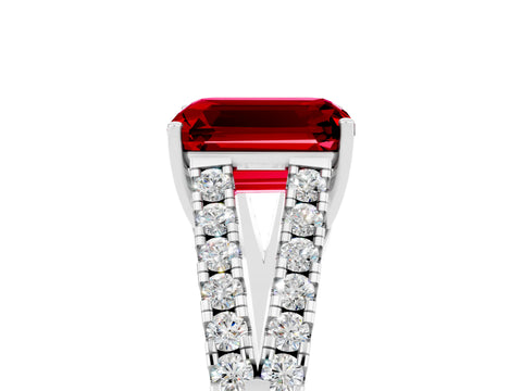 White gold Emerald Cut Ruby Split Shank Pavé Engagement Ring with Four-Prong Setting_17