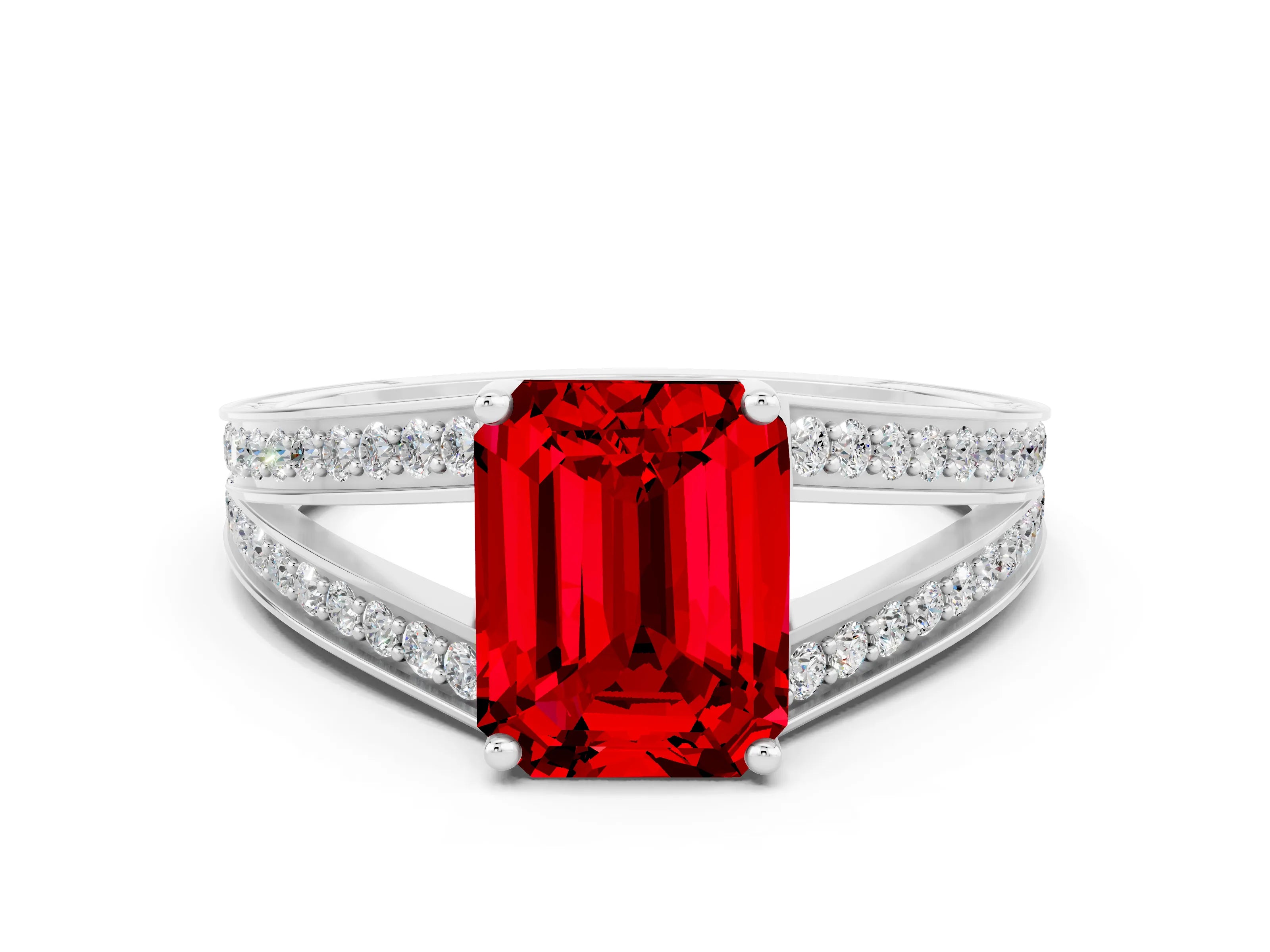White gold Emerald Cut Ruby Split Shank Ring with Pavé Band and Four-Prong Setting
