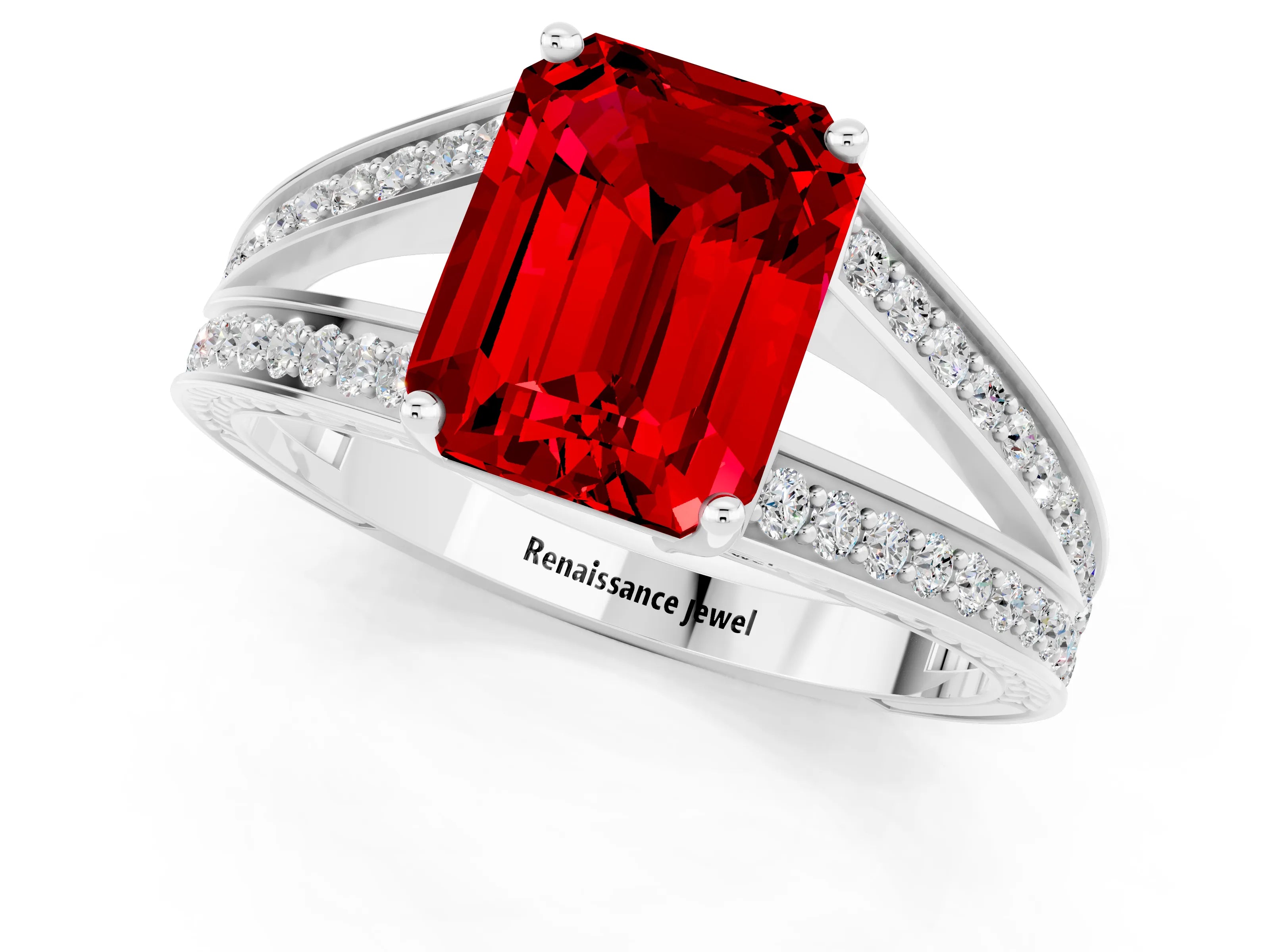 White gold Emerald Cut Ruby Split Shank Ring with Pavé Band and Four-Prong Setting_1