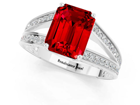 White gold Emerald Cut Ruby Split Shank Ring with Pavé Band and Four-Prong Setting_1
