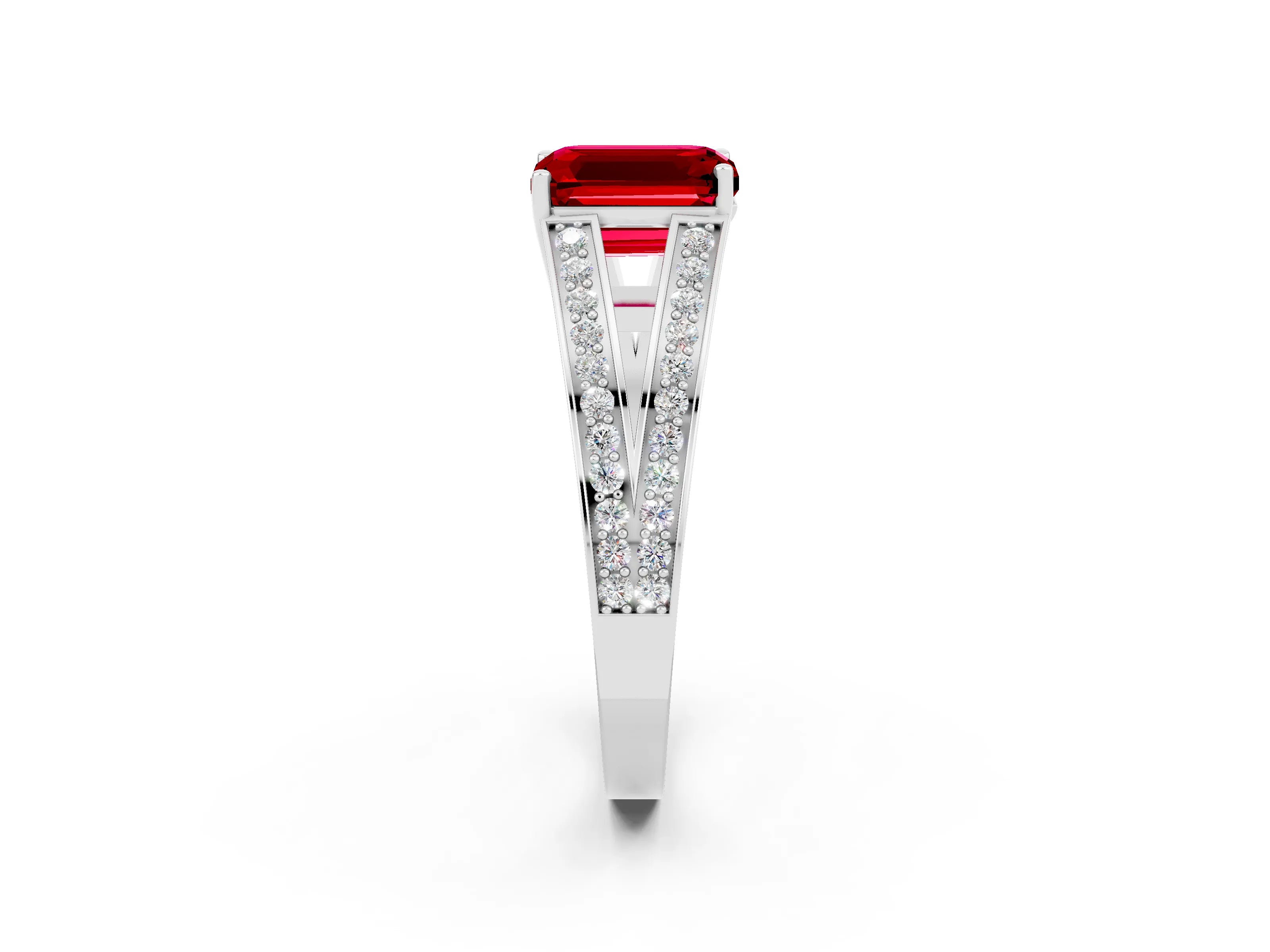 White gold Emerald Cut Ruby Split Shank Ring with Pavé Band and Four-Prong Setting_2