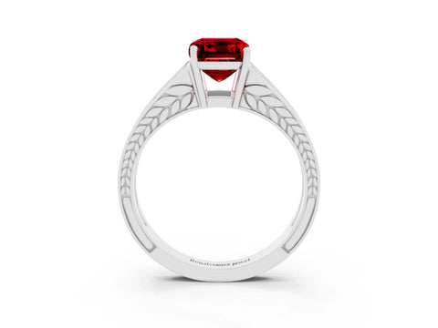 White gold Emerald Cut Ruby Split Shank Ring with Pavé Band and Four-Prong Setting_3