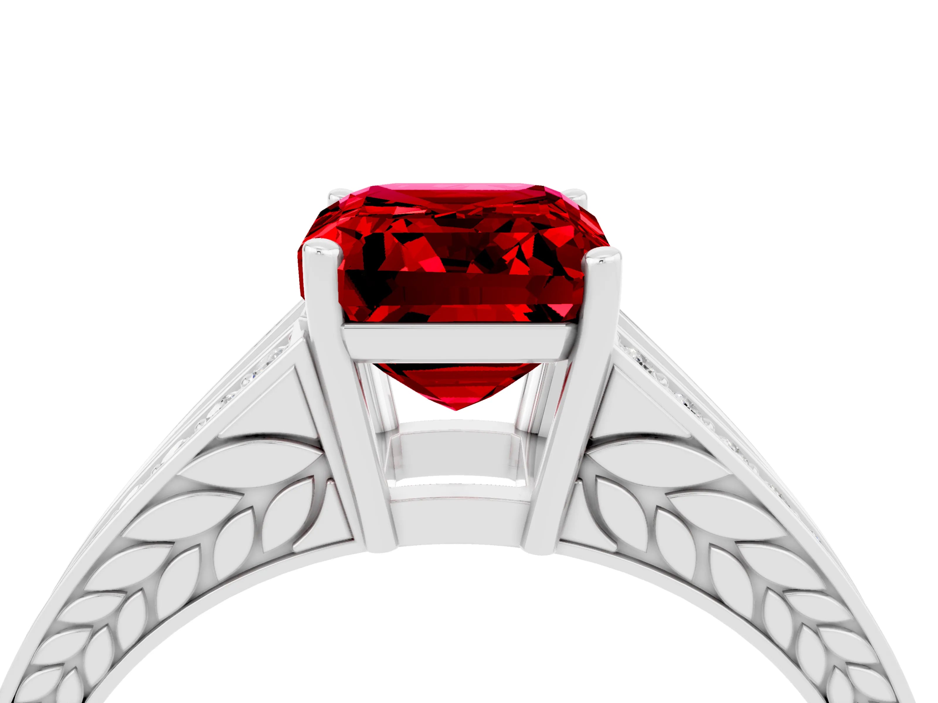 White gold Emerald Cut Ruby Split Shank Ring with Pavé Band and Four-Prong Setting_4