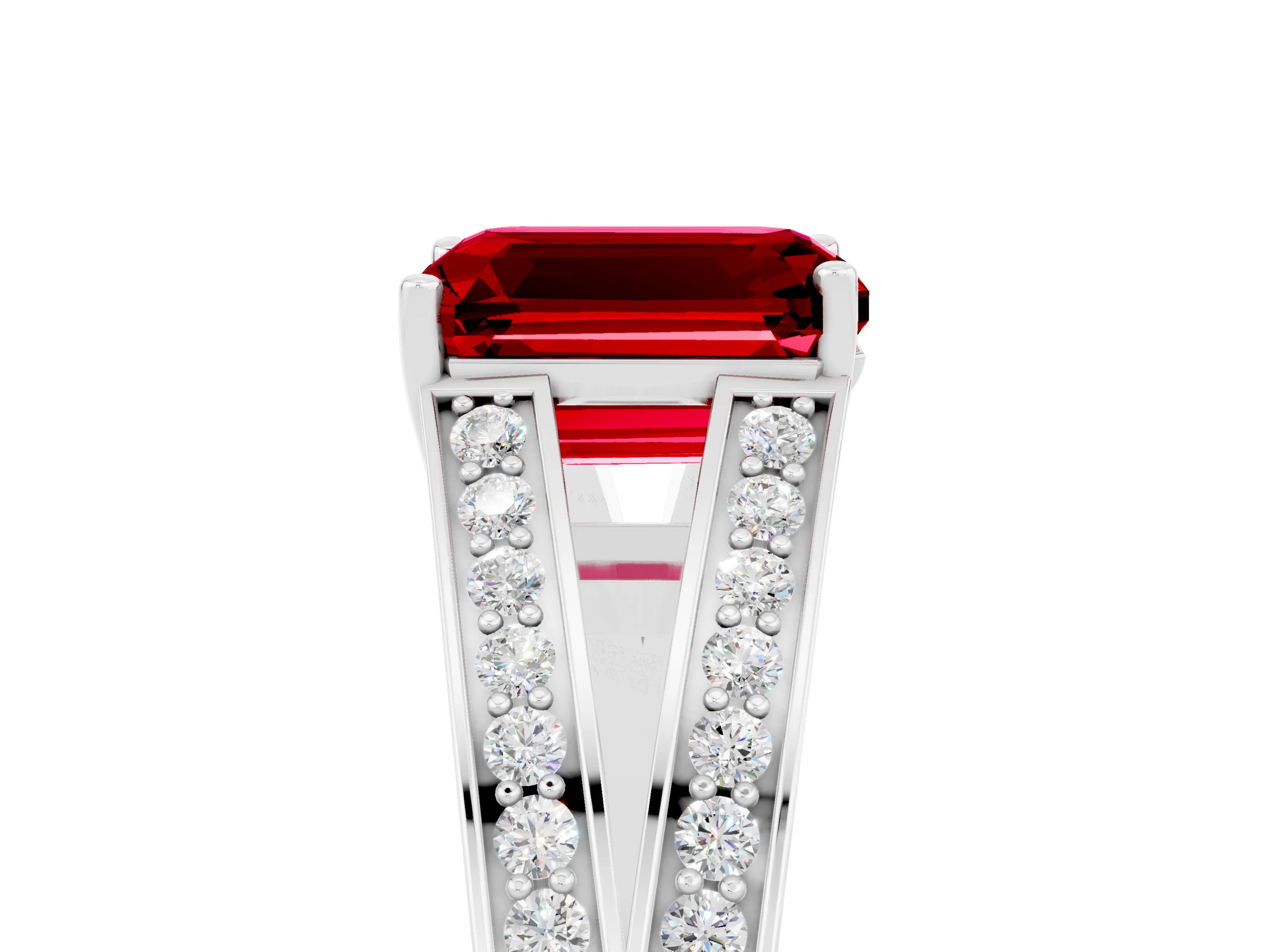 White gold Emerald Cut Ruby Split Shank Ring with Pavé Band and Four-Prong Setting_5