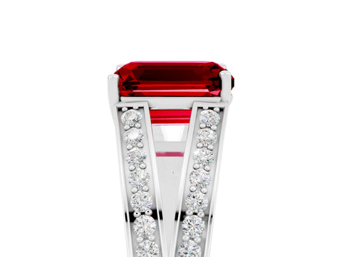 White gold Emerald Cut Ruby Split Shank Ring with Pavé Band and Four-Prong Setting_5