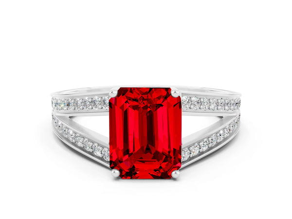 White gold Emerald Cut Ruby Split Shank Ring with Pavé Band and Four-Prong Setting