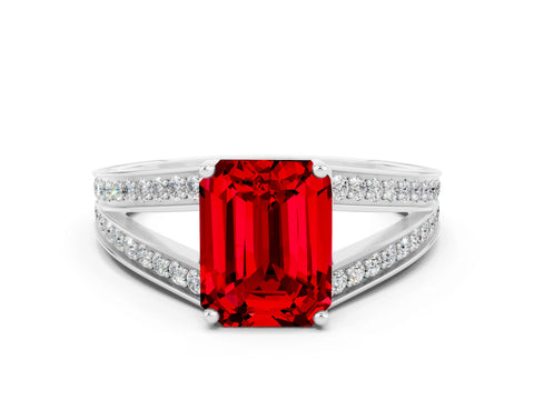 White gold Emerald Cut Ruby Split Shank Ring with Pavé Band and Four-Prong Setting