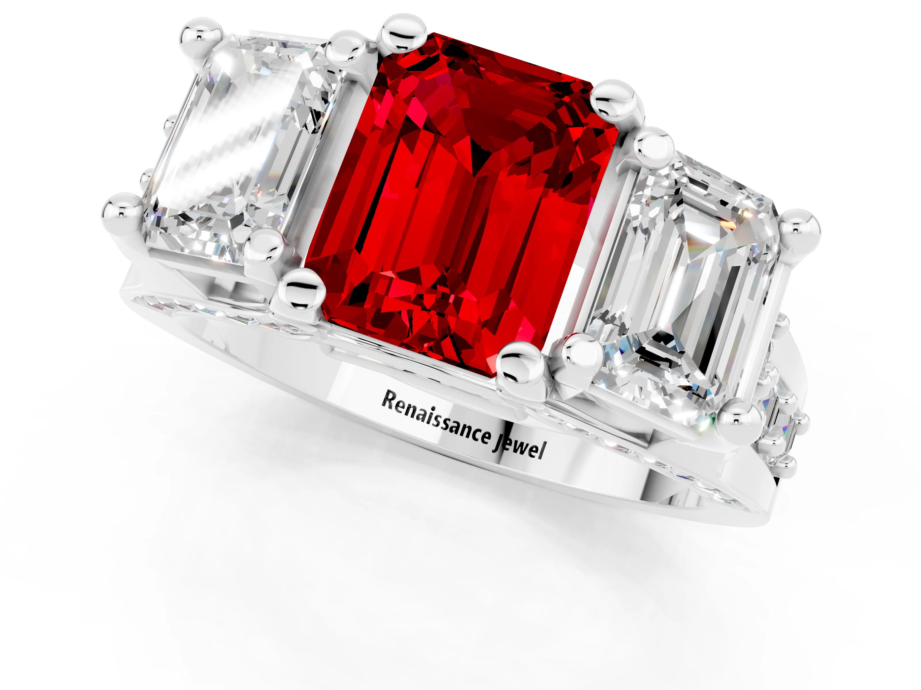 White gold Emerald Cut Ruby Three-Stone Ring with Channel Set Band and Four-Prong Setting_1