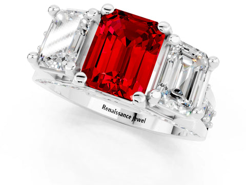 White gold Emerald Cut Ruby Three-Stone Ring with Channel Set Band and Four-Prong Setting_1