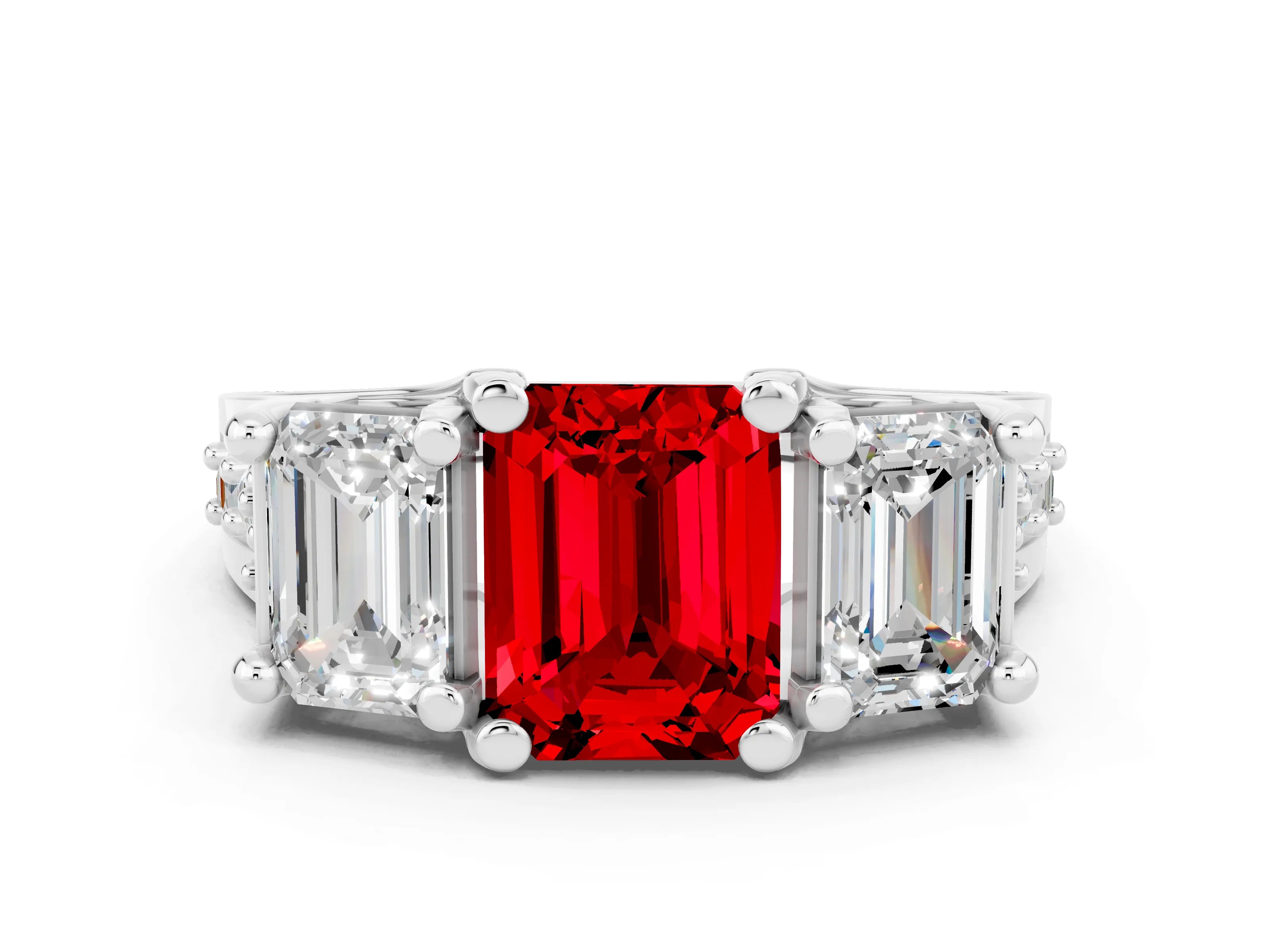 White gold Emerald Cut Ruby Three-Stone Ring with Channel Set Band and Four-Prong Setting