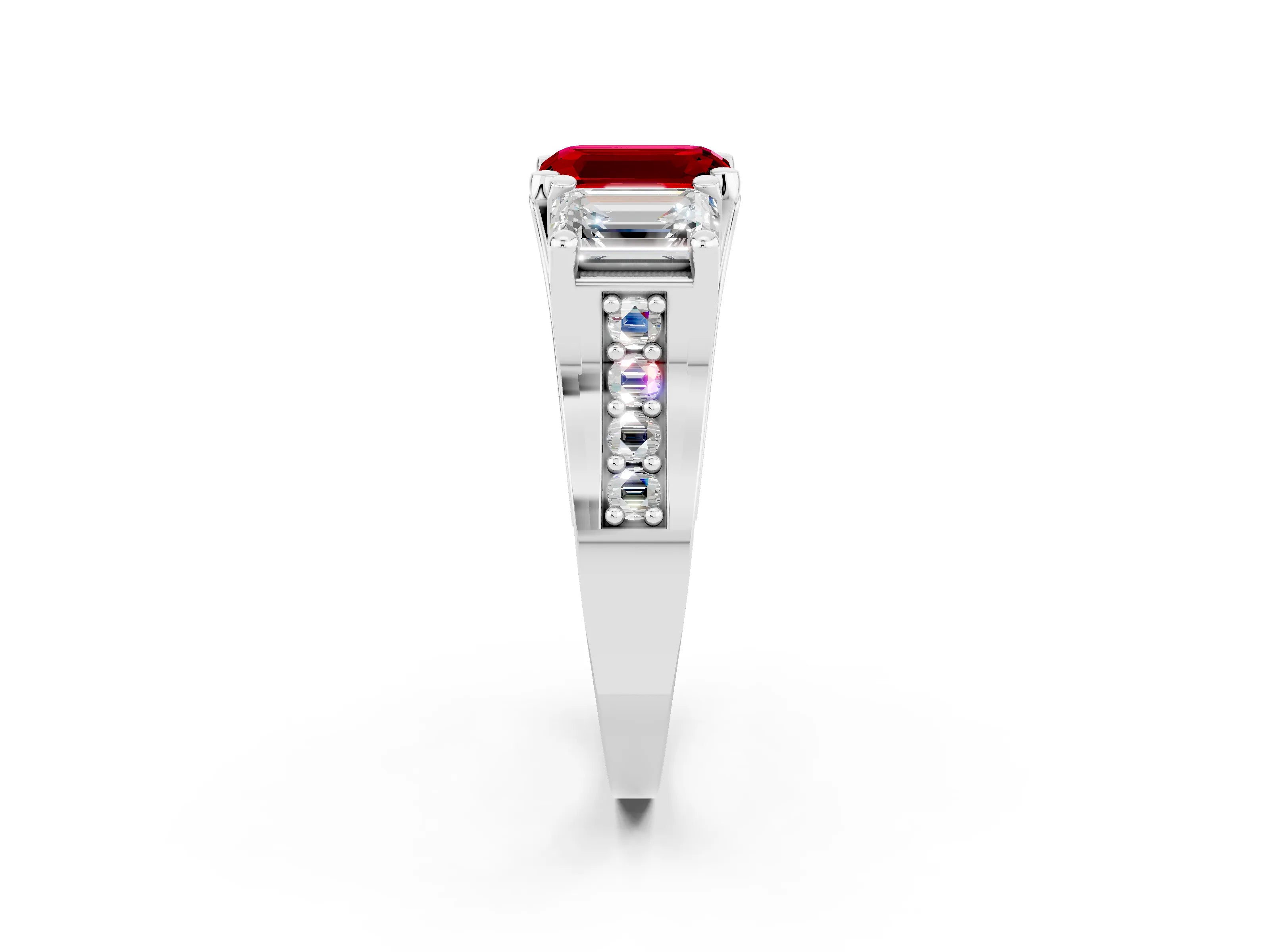 White gold Emerald Cut Ruby Three-Stone Ring with Channel Set Band and Four-Prong Setting_2